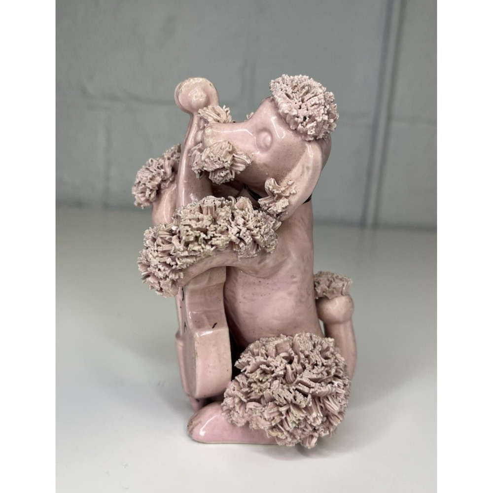 Vintage Pink Spaghetti Poodle Figurine Playing Cello Instrument Dog Puppy Rare - Picture 6 of 9